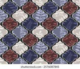 Vector illustration of grunge colorful rhombuses and  leaves seamless pattern. Floral organic background. For textiles, wallpaper and packaging.