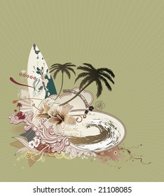 Vector illustration of grunge composition with Surf Board over sun beams, big wave, hibiscus, palm trees silhouette and curly retro stripes