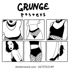 Ilustração vetorial em estilo grunge doodle, apresentando cartazes de moda preto e branco arrojados com mulheres em redes de pesca e saltos. Aparência minimalista, arejada e gráfica com formas e linhas fortes.