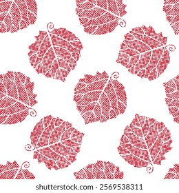 Vector illustration of grunge dotted red monochrome leaves seamless pattern. Floral organic background. For textiles, wallpaper and packaging. Transparent background