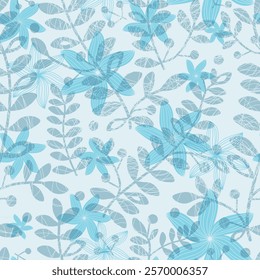 Vector illustration of grunge flowral seamless pattern with blue flowers. Floral organic background. For textiles, wallpaper and packaging. Transparent background 