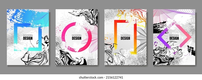 Vector illustration. Grunge frame gradient color. Halftone dots, grunge ink, marble liquid texture. Design elements for poster, book cover, magazine, flyer, layout, greeting or business card, brochure