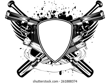 Vector illustration grunge frame knifes bats and two pistols