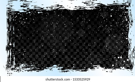 Vector illustration. Grunge frame with scattered paint isolated on black background. White overlay. Winter concept. Snowfall. Blizzard. Wallpaper template. Frost. Cold concept. Snowy. Snow falf