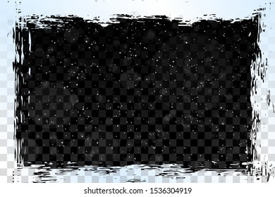 Vector illustration. Grunge frame with scattered paint isolated on black background. White overlay. Winter concept. Snowfall. Blizzard. Element for design business card, invitations, flyer, brochure