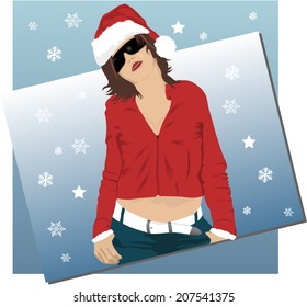 vector illustration of a grunge girl in santa claus hat and red jacket