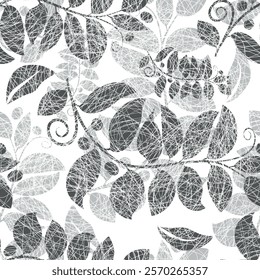 Vector illustration of grunge gray two-color leaves seamless pattern. Floral organic background. For textiles, wallpaper and packaging. Transparent background