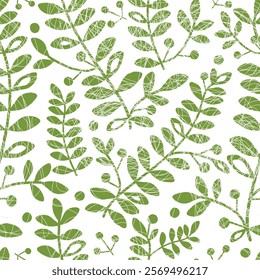 Vector illustration of grunge green monochrome leaves seamless pattern. Floral organic background. For textiles, wallpaper and packaging. Transparent background 