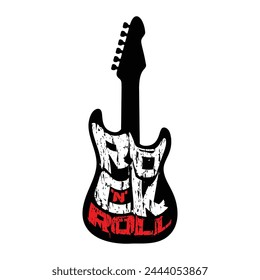 Vector illustration of a grunge guitar. Musical mascot. Design for t shirt or poster print. Hand drawn for rock-n-roll  logo and emblem. Black tattoo.