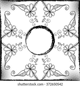 Vector illustration. Grunge halftone vector circle background. Decorative handdrown flower frame