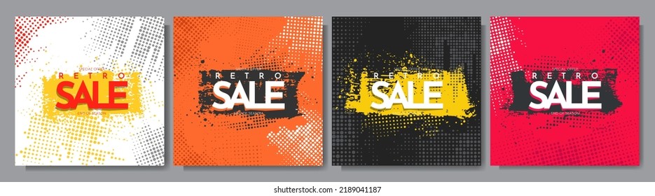 Vector illustration. Grunge halftone dots texture. Ink brush strokes banner. Design elements for social media template. Vibrant color background. Paint splash. Abstract art. Sale discount banner