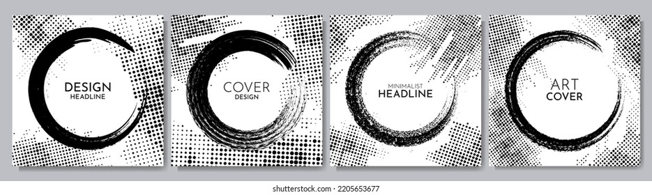 Vector illustration. Grunge halftone dots texture. Ink brush stroke posters. Design elements for social media, mobile app banner, web advertisement. Paint splash effect. Abstract art frames collection
