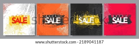 Vector illustration. Grunge halftone dots texture. Ink brush strokes banner. Design elements for social media template. Vibrant color background. Paint splash. Abstract art. Sale discount banner