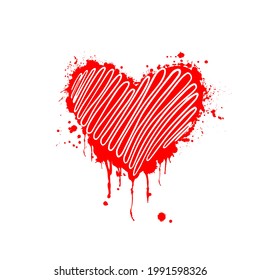 vector illustration of grunge heart made with red ink. Valentine's day theme. Bloody heart. Happy Valentine's Day.