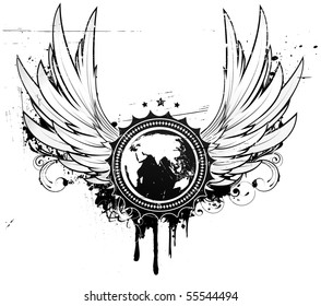 Vector illustration of grunge insignia or badge with two wings, floral elements and a globe in the central part of composition