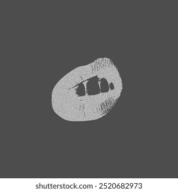 Vector illustration of grunge lips on dark isolated background in 80-90s pop art style. Grainy photocopy effect enhances the aesthetics of the collage design.