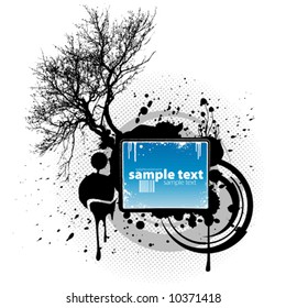 Vector illustration of a grunge modern style design element with splatter ink drops, tree silhouette and halftone background.
