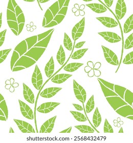 Vector illustration of grunge monochrome green leaves seamless pattern. Floral organic background. For textiles, wallpaper and packaging. Transparent background