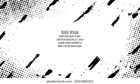 Vector illustration. Grunge overlay design. Horizontal frame with halftone dots, ink splatter, and paint brush strokes diagonal flow. Messy design elements for panoramic web banner, website design