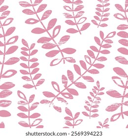 Vector illustration of grunge pink monochrome leaves seamless pattern. Floral organic background. For textiles, wallpaper and packaging. Transparent background