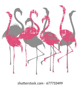 Vector illustration with grunge pink and realistic silver silhouettes of flamingo for making two-colors prints on t-shirts and other fabrics.