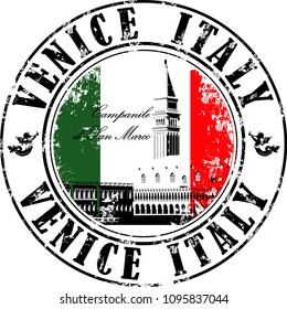 Vector illustration of grunge rubber stamp with symbol of The Campanile seen from St. Mark's Square in Venice , Italy inside