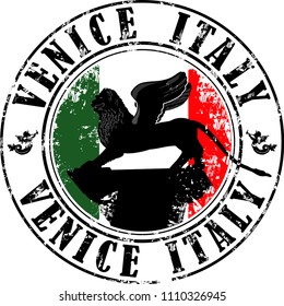 Vector illustration of grunge rubber stamp with symbol of Venetian lion, Italy inside