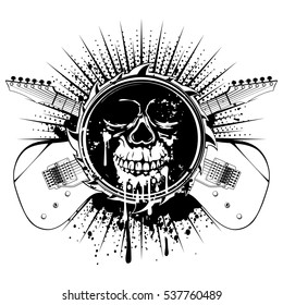 Vector illustration grunge skull in abstract frame and crossed guitars on dirty background. Hard rock sign. Design for t-shirt or tattoo
