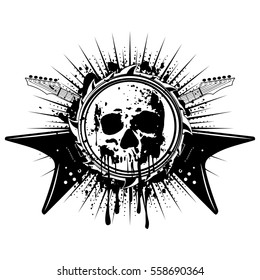 Vector illustration grunge skull in abstract frame and crossed guitars on dirty background. Hard rock sign. Design for t-shirt or poster print