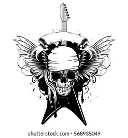 Vector illustration grunge skull in bandana and electric guitar on wings and dirty background. Hard rock sign. Design for t-shirt or poster print
