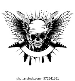 Vector illustration grunge skull in bandana and crossed electric guitars on wings and dirty background. Hard rock sign. Design for t-shirt or poster print