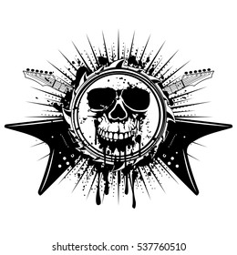 Vector illustration grunge skull and crossed guitars on abstract background. Hard rock sign. Design for t-shirt or poster print