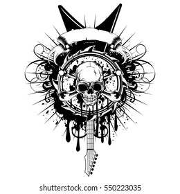 Vector illustration grunge skull with crossed bones and guitars on dirty background with patterns. Hard rock sign. Design for t-shirt or poster print