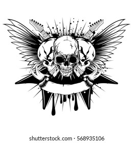 Vector illustration grunge skull and crossed guitars on wings and dirty background. Hard rock sign. Design for t-shirt or poster print