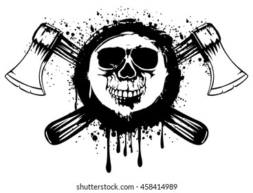Vector illustration grunge skull in frame with crossed axes