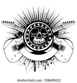 Vector illustration grunge skull stamp with stars and crossed guitars on abstract background. Hard rock sign. Design for t-shirt or tattoo