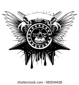 Vector illustration grunge skull  stamp and electric guitars on wings and dirty background. Hard rock sign. Design for t-shirt or poster print