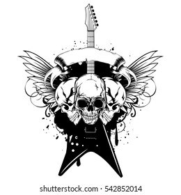 Vector illustration grunge skulls and guitar on wings and dirty background. Hard rock sign. Design for t-shirt or poster print