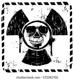 Vector illustration grunge square black and white sign radiation to skull