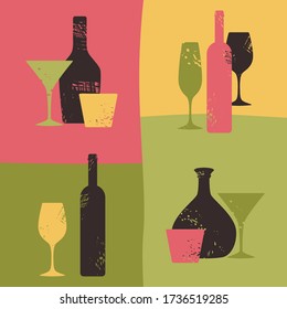 Vector illustration in the grunge style with alcohol bottles, wine glasses, martinis, whiskey, cognac. Suitable for background, print, fabric, banner, wine market poster, postcard. Bright color.