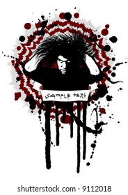 Vector illustration in grunge style with splatters of a dangerous horryfing man with white eyes and empty banner for custom text. Easily editable.