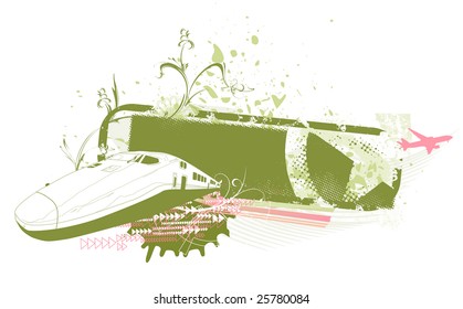 Vector illustration of grunge style urban background with train and airplane