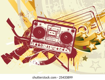 Vector illustration of Grunge styled urban background in graffiti style with cool Boom box.