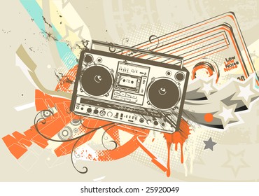 Vector illustration of Grunge styled urban background in graffiti style with cool Boom box.