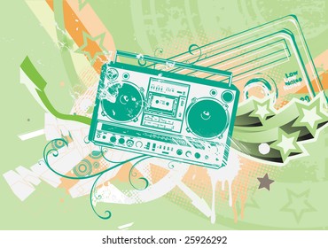 Vector illustration of Grunge styled urban background in graffiti style with cool Boom box.