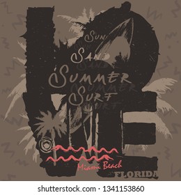 Vector Illustration Grunge Summer Love T-shirt Graphic Miami Tropical Fashion Design with Surfing Waves Typography