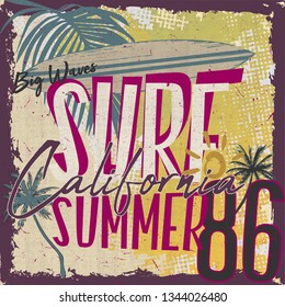 Vector Illustration Grunge Surf T-shirt Graphic Summer California Fashion Design Tropical Big Waves Typography
