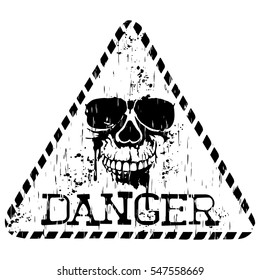 Vector illustration grunge triangular sign with lettering danger and abstract skull for t-shirt design