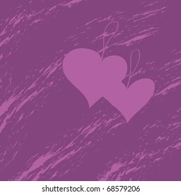 The vector illustration of a grunge violet background with two hearts
