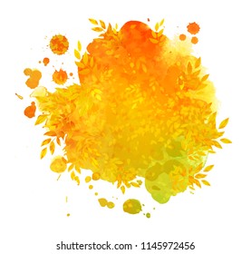 Vector illustration of grunge watercolor spot banner with Autumn leaves and paint splashes isolated on white background.